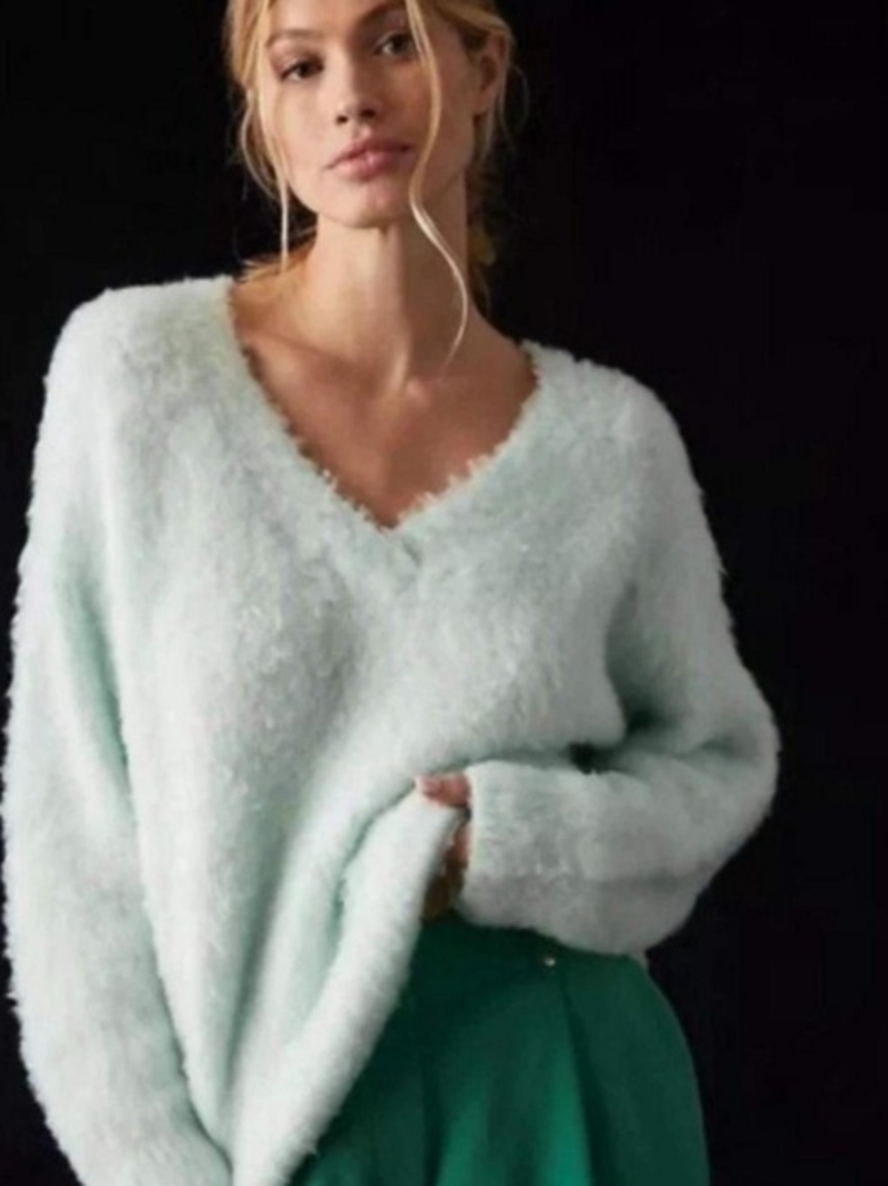 Anthropologie Mauve Mint Green Fuzzy V-Neck Sweater Sz Xl